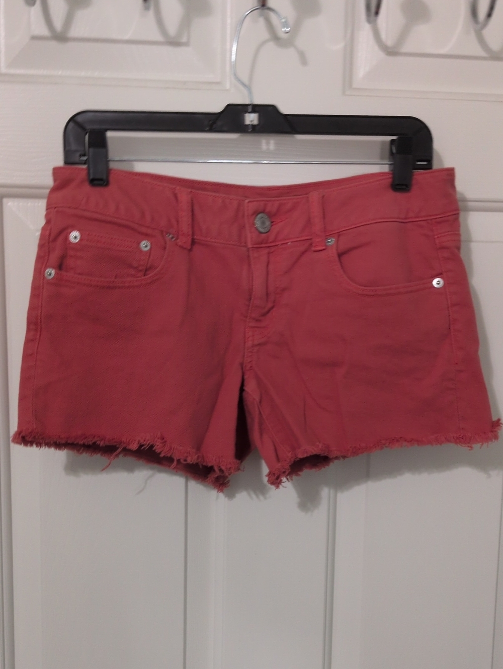 American Eagle Outfitters Coral Frayed-Hem Denim Shorts